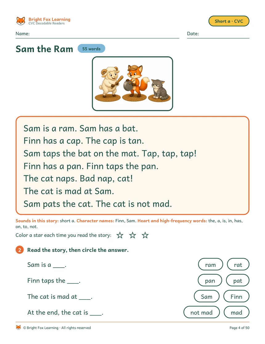 A CVC decodable story page: Sam the Ram, 55 words, with the sounds line and character names printed underneath.