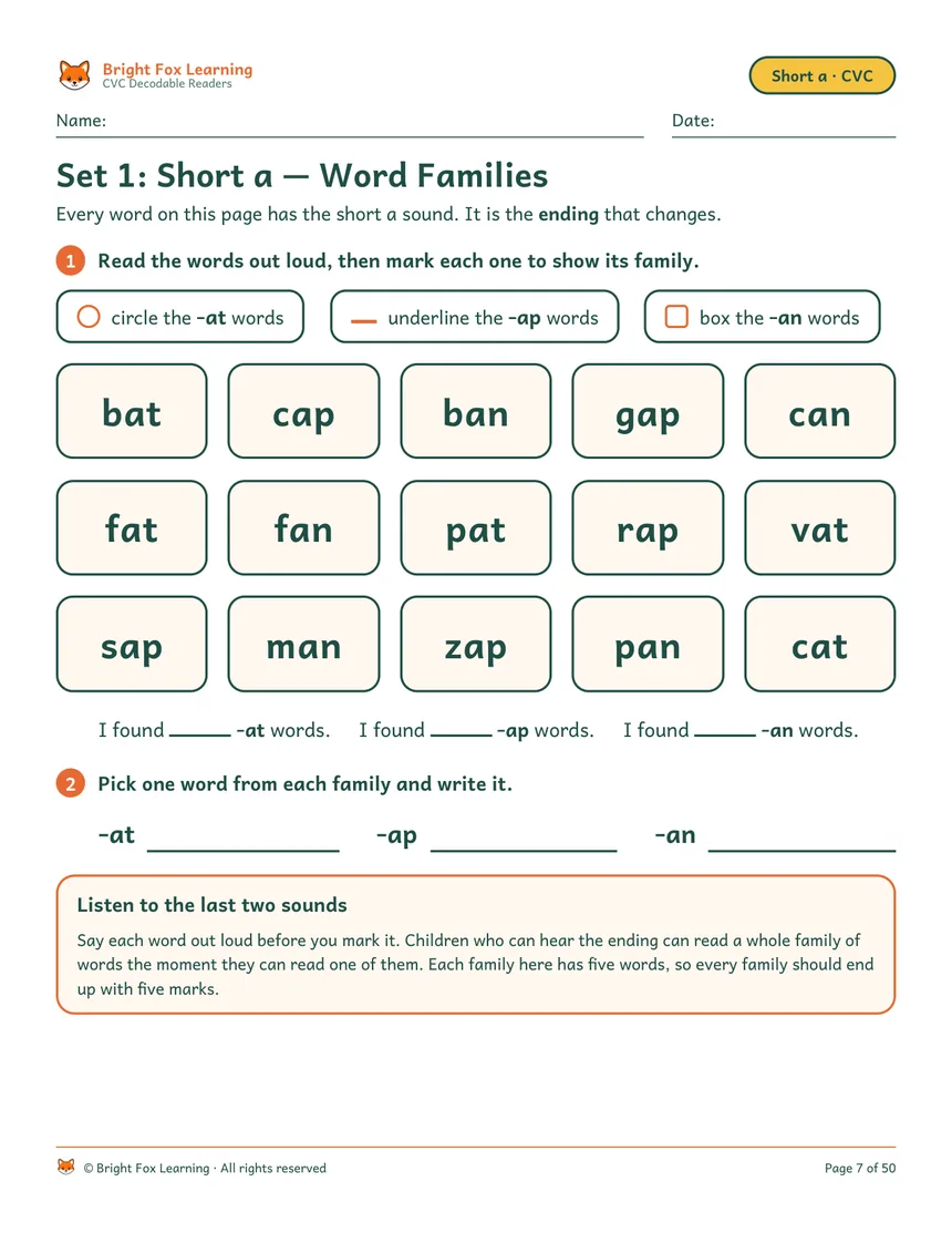 A word families page: fifteen short-a words to circle, underline and box by family ending.