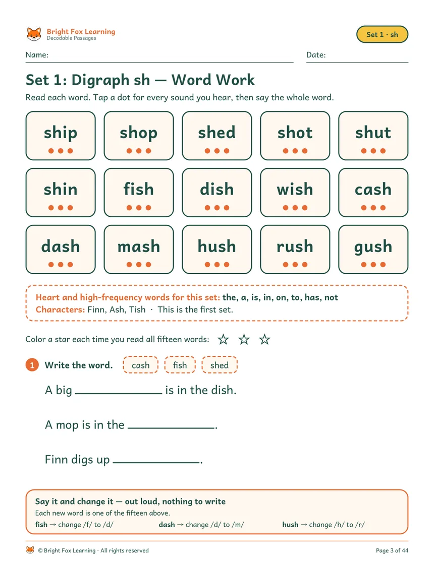 A word work page: fifteen words with sound dots, a write-the-word task, and a say-it-and-change-it strip.