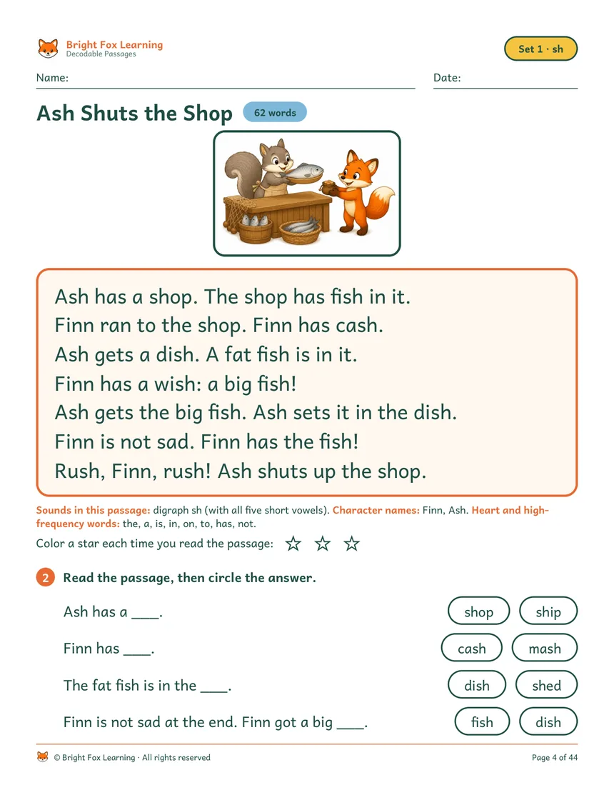A decodable passage page: the story Ash Shuts the Shop, 62 words, with the sounds line, the character names and four circle-the-answer questions printed underneath.