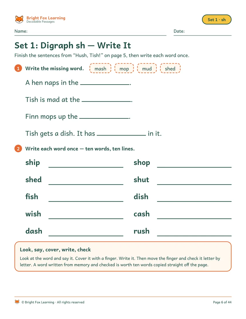 A write-it page: fill in four sentences from the story, then write each of ten words once, with a look-say-cover-write-check note.