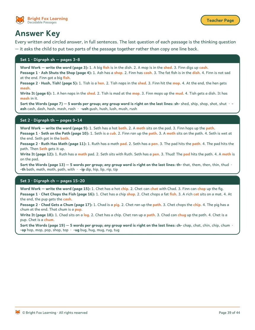 The answer key page: every written and circled answer in full sentences, with the thinking question named.