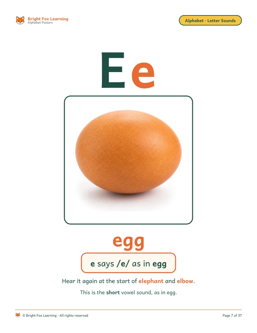 The Ee poster: a real brown egg on white, the word egg, and 'e says /e/ as in egg — this is the short vowel sound.'