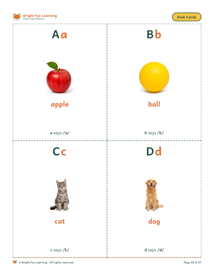 A sheet of four quarter-page desk cards — A apple, B ball, C cat, D dog — using the same real photos as the wall posters.