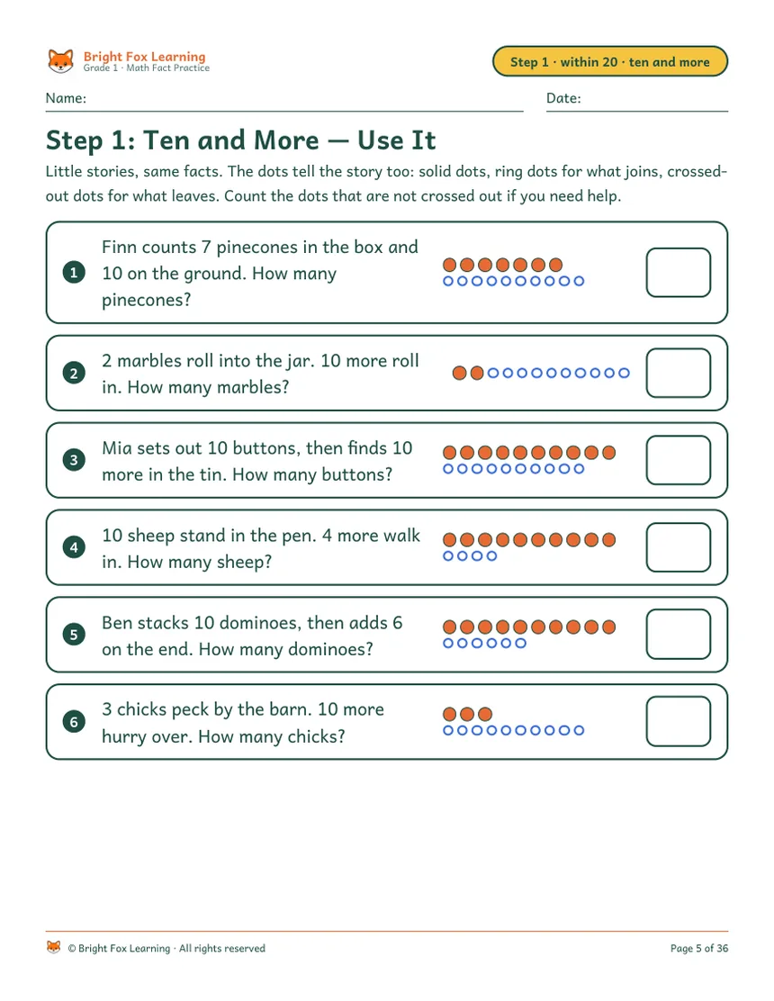 A Step 1 page: six little situations like 7 pinecones in the box and 10 on the ground, each with a row of dots — solid for what is there, ring for what joins.