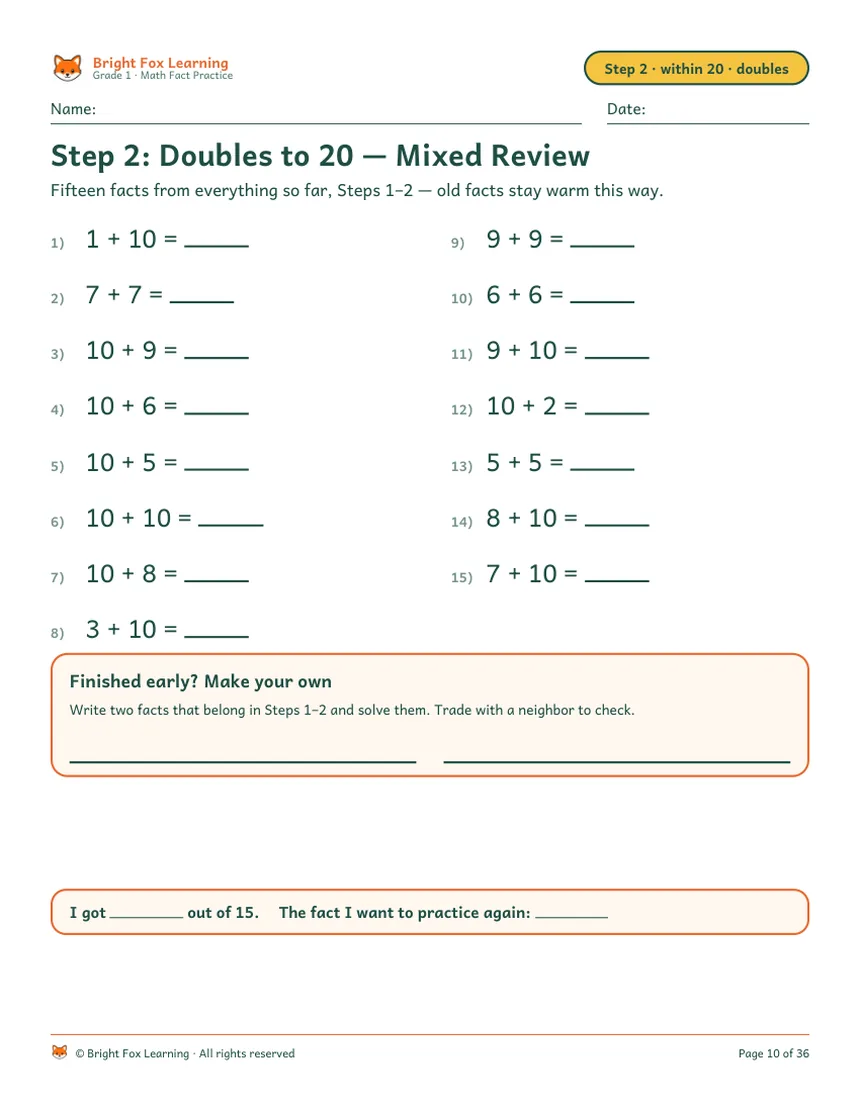 Step 2 practice: fifteen facts that mix doubles like 7 + 7 with tens-and-more facts like 10 + 9, on a single page.