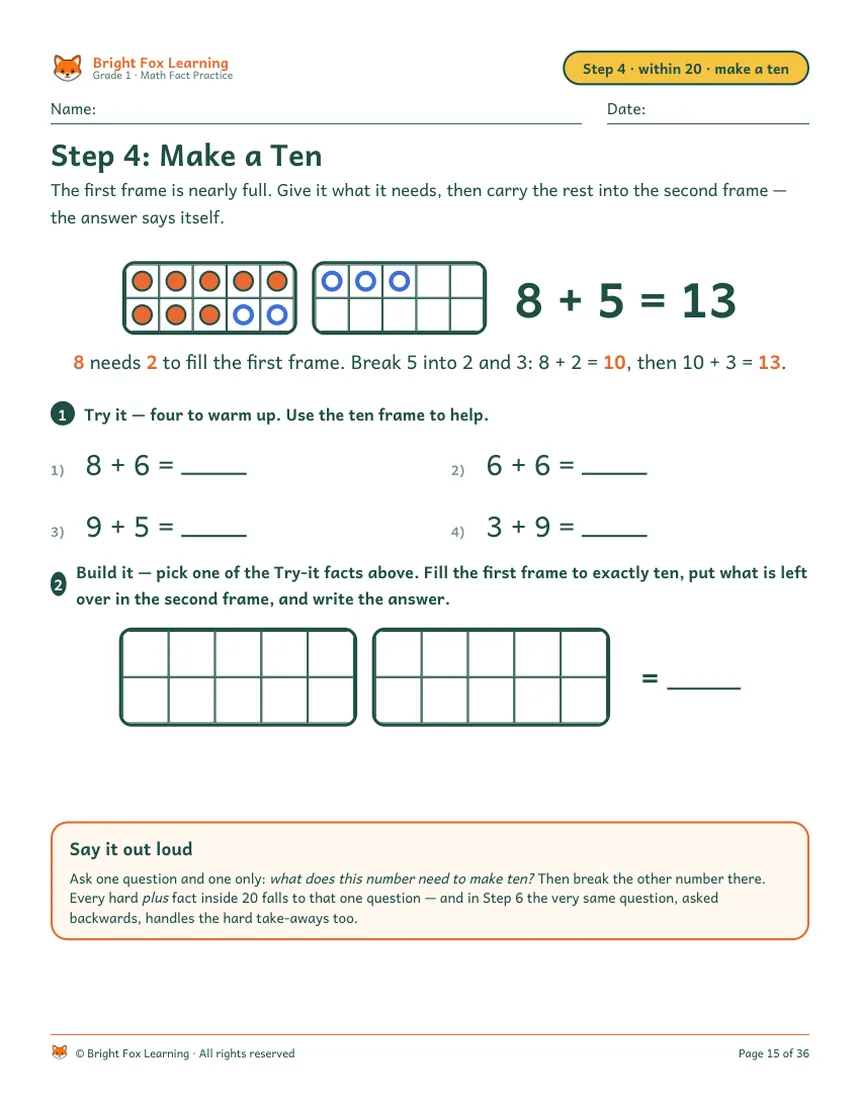 The Step 4 make-a-ten worksheet: a double ten frame with eight solid dots and three ring dots, next to 8 + 5 = 13.