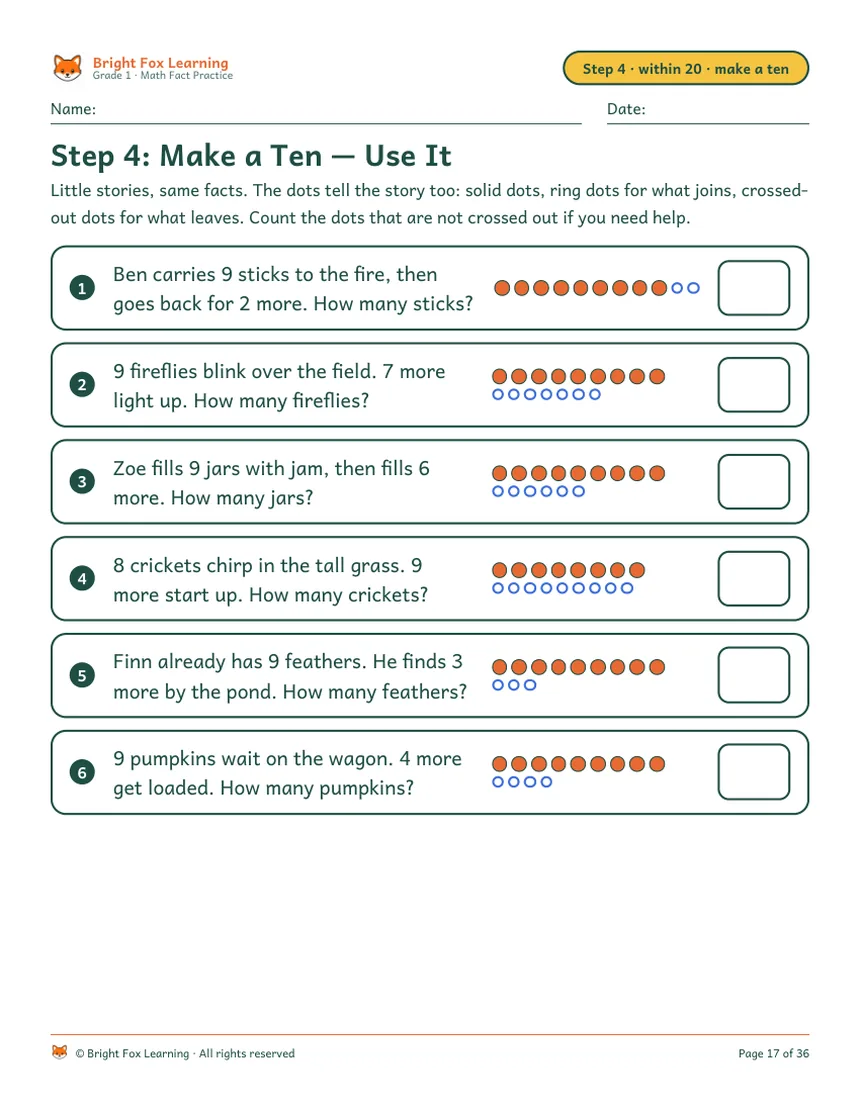 Step 4 practice page after the teaching page: twenty facts, all crossing the ten, in two columns.