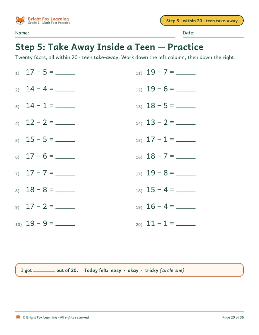 Step 5 teaching page: 15 − 4 shown on a double ten frame, with the four dots in the ones column crossed out.