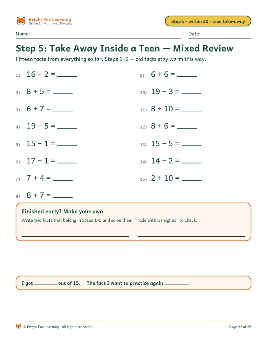 Bottom of a Step 5 practice page: the row 'I got ___ out of 20. Today felt: easy · okay · tricky (circle one)'.