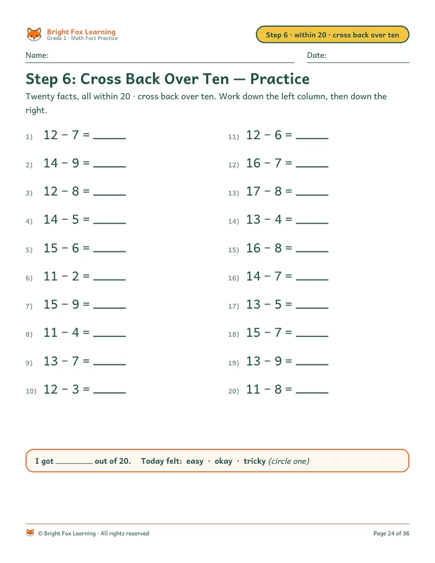Step 6 practice page: twenty subtraction facts, all crossing back over ten, like 12 − 7 and 14 − 9, in two columns.