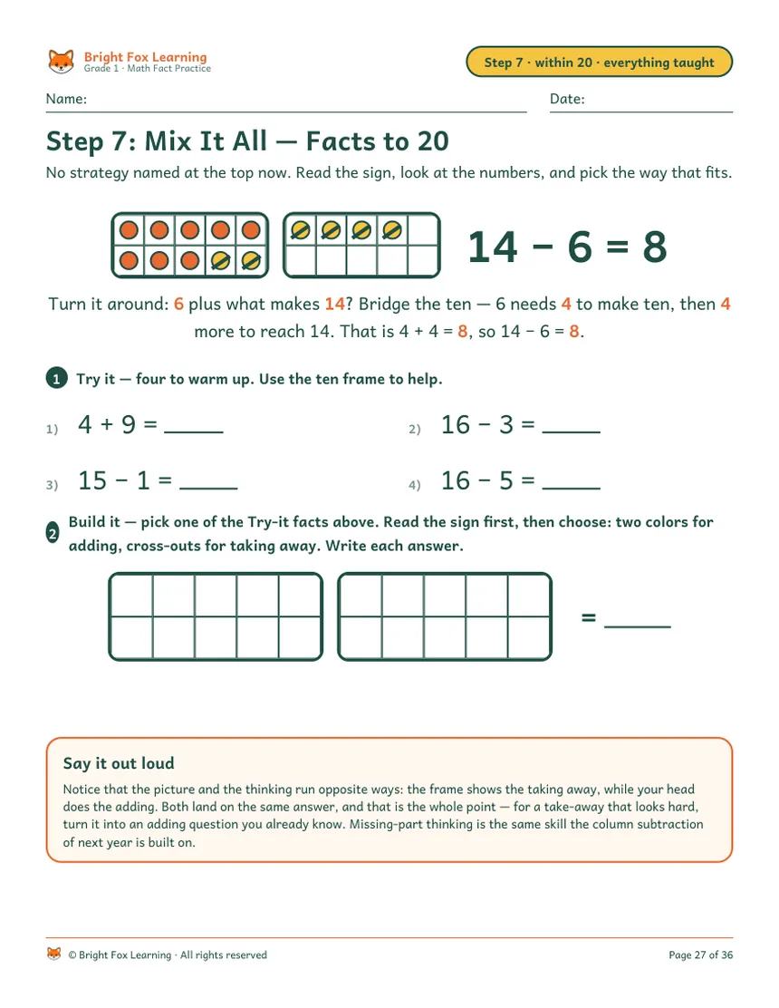 Step 7 teaching page: mixed facts to 20, drawn from every strategy taught in Steps 1–6.