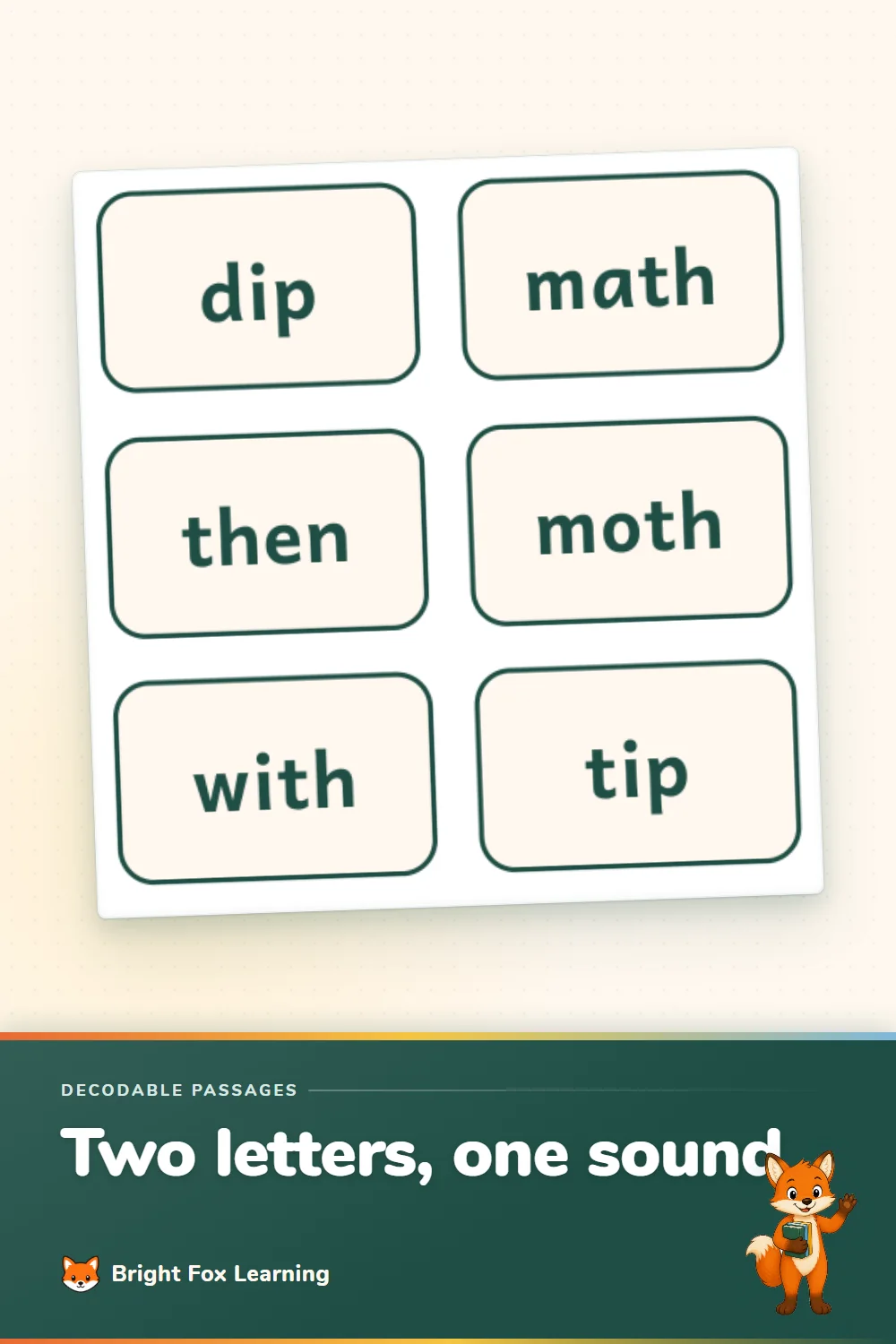 Word cards from the th set reading dip, math, then, moth, with and tip.