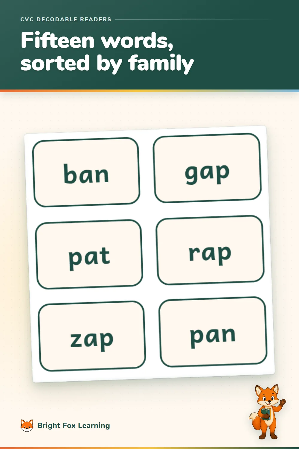 Word cards reading ban, gap, pat, rap, zap and pan, grouped by family ending.